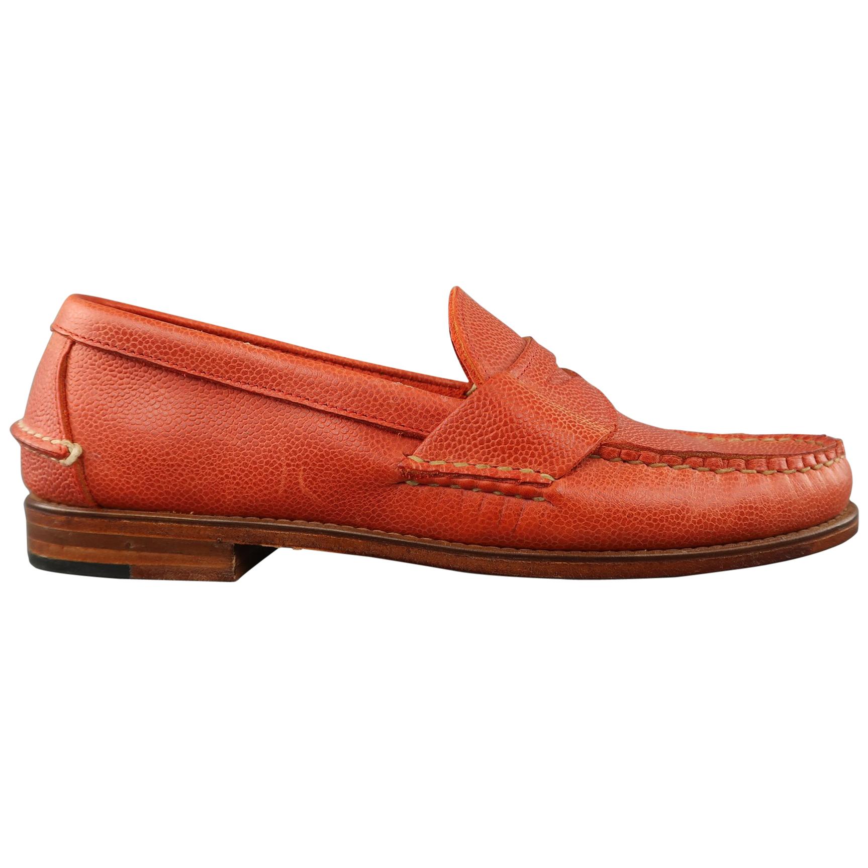 RALPH LAUREN Size 9 Orange Pebbled Leather Slip On Penny Loafers