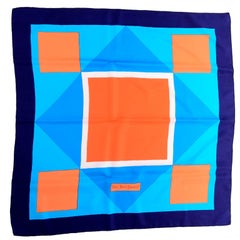 YSL Yves Saint Laurent Vintage Silk Scarf in Bold Colorful Blue & Orange Print