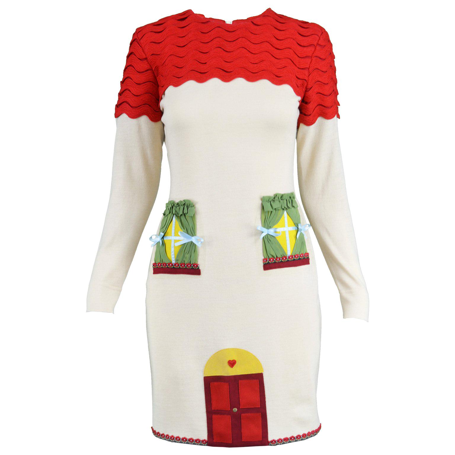 Moschino Vintage Surrealist House Cream and Red Wool Blend Knit Dress, 1980s 