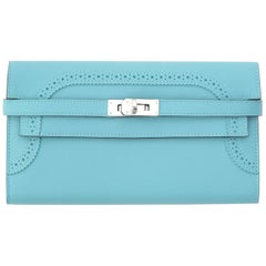 NOUVEAU Hermes Kelly Classic Ghillies Portefeuille Veau Swift Bleu Atole PHW