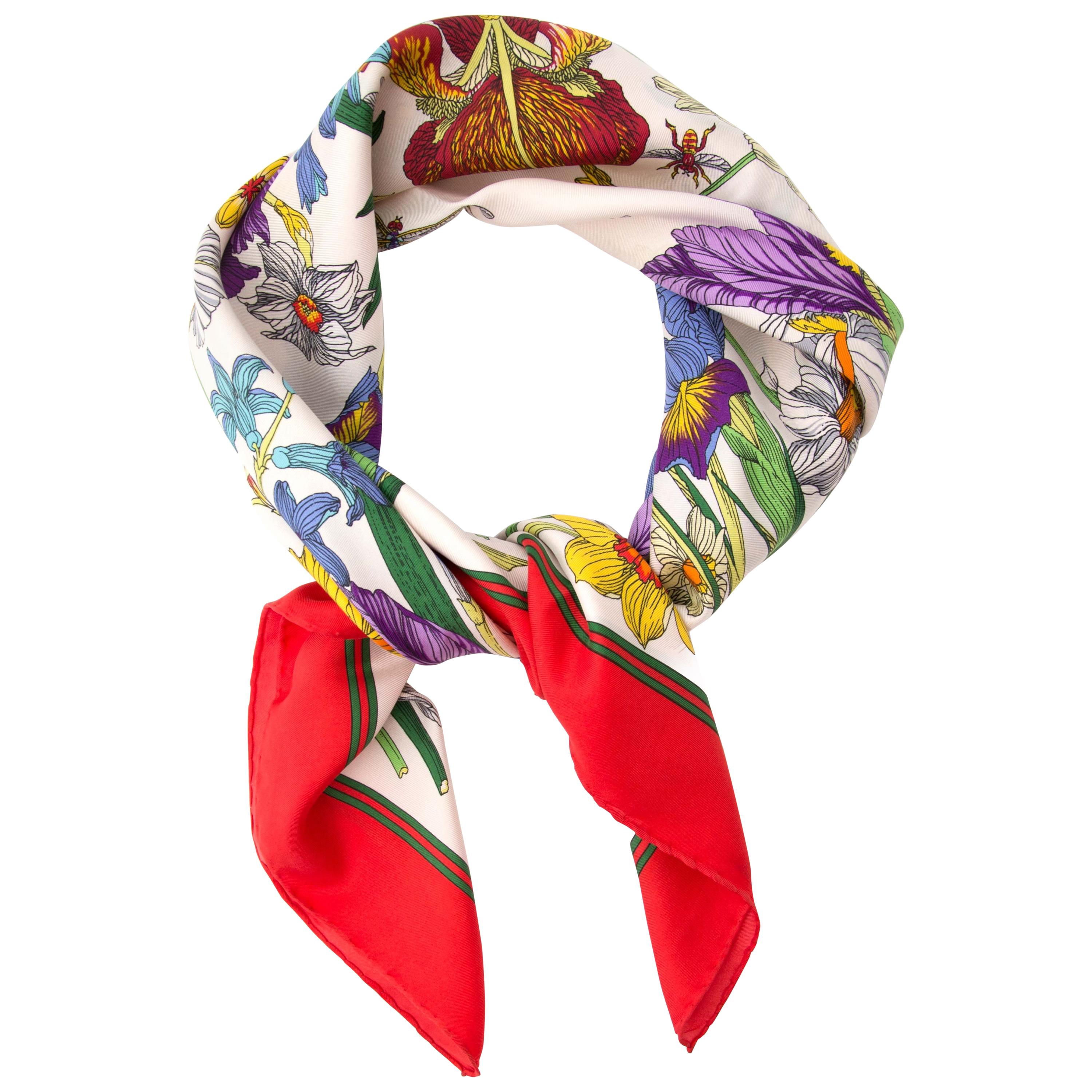 Gucci Red and White Flora Silk Scarf