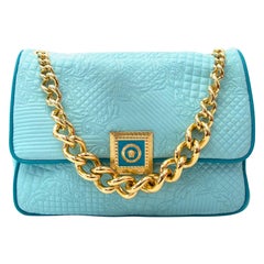 Versace Turquoise Quilted Leather "Vanitas" Flap Chain Shoulder Bag