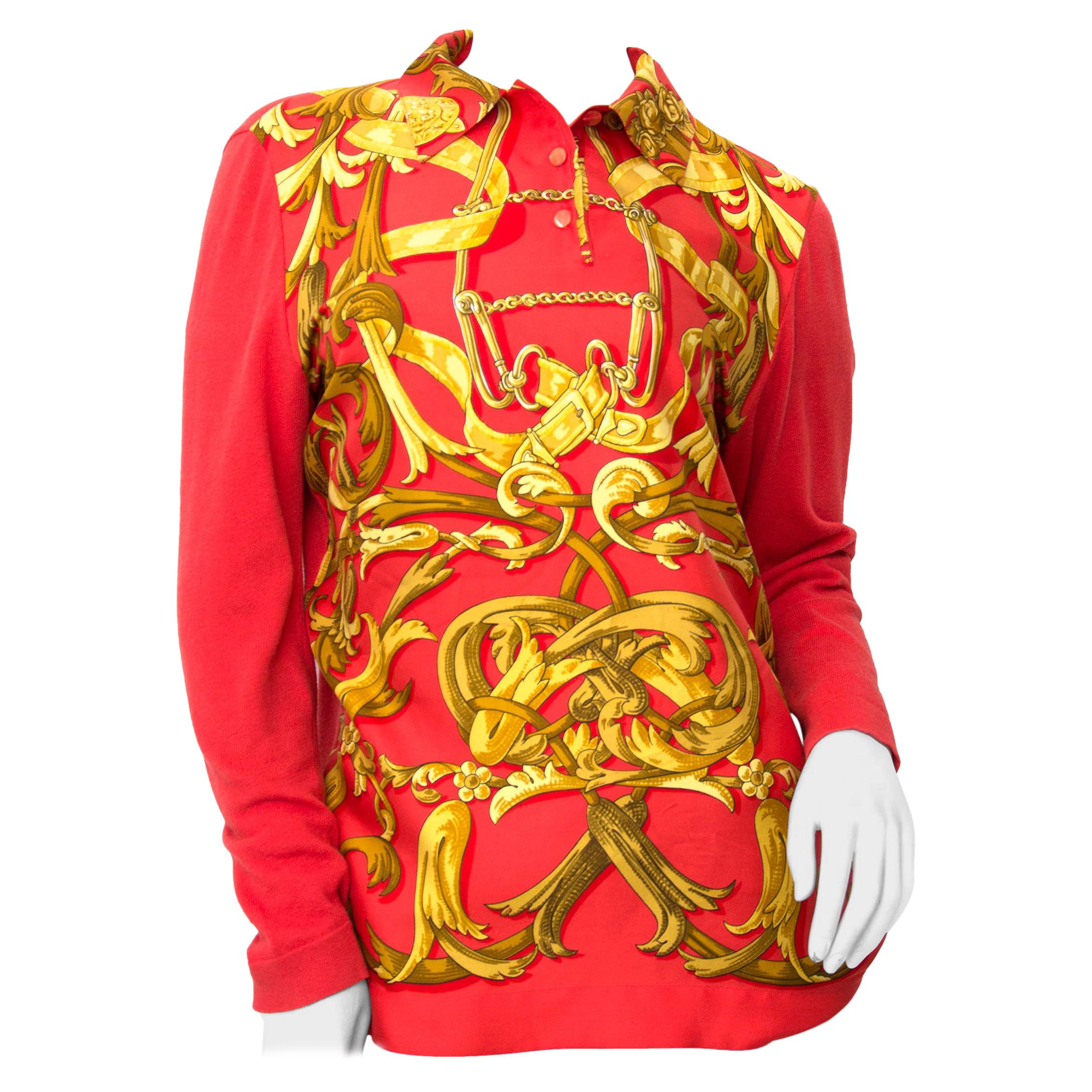 Hermès Red Printed Silk and Cashmere Top 