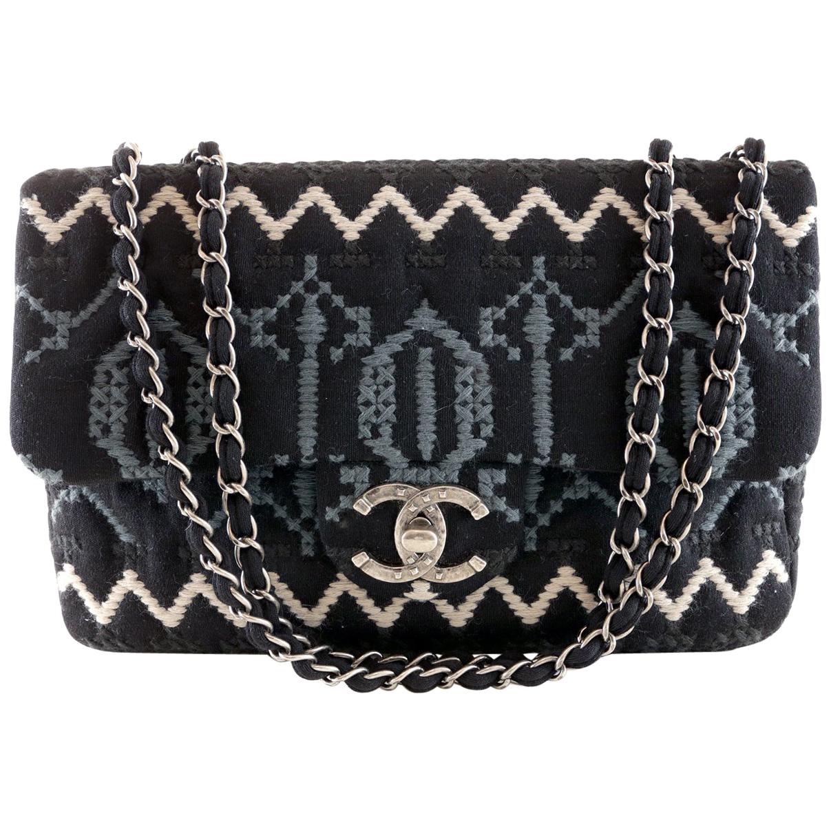 Chanel Black Jersey Embroidered Classic Flap Bag