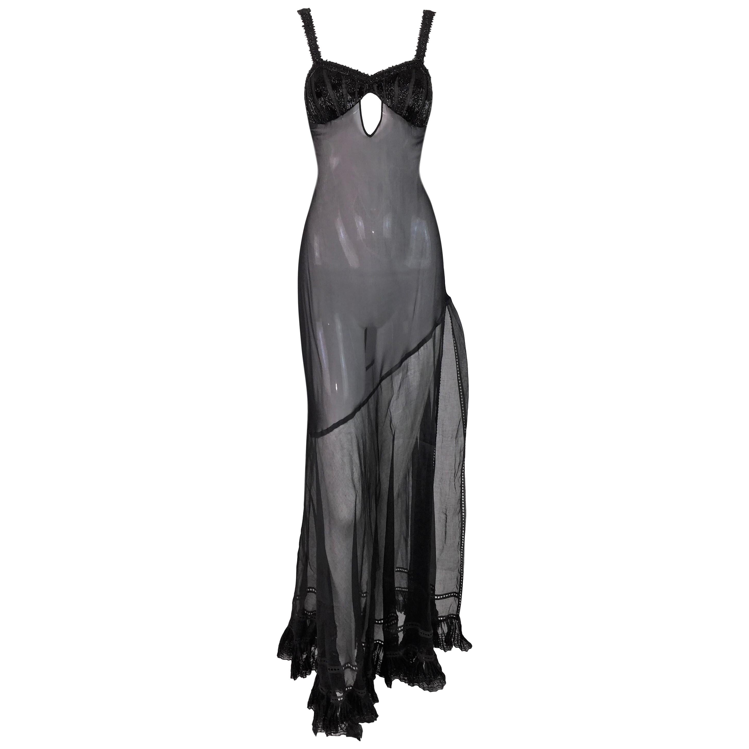 1990's Gianfranco Ferre Sheer Black Silk Beaded 1940's Style Gown Dress