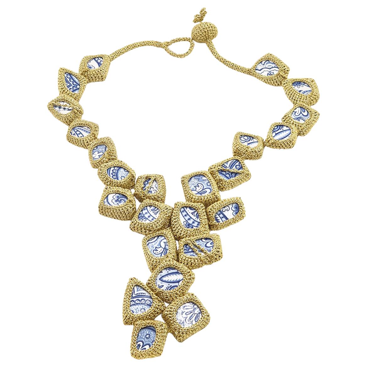 Gold Color Thread Blue White  Porcelain Delft Style Architectural Necklace For Sale