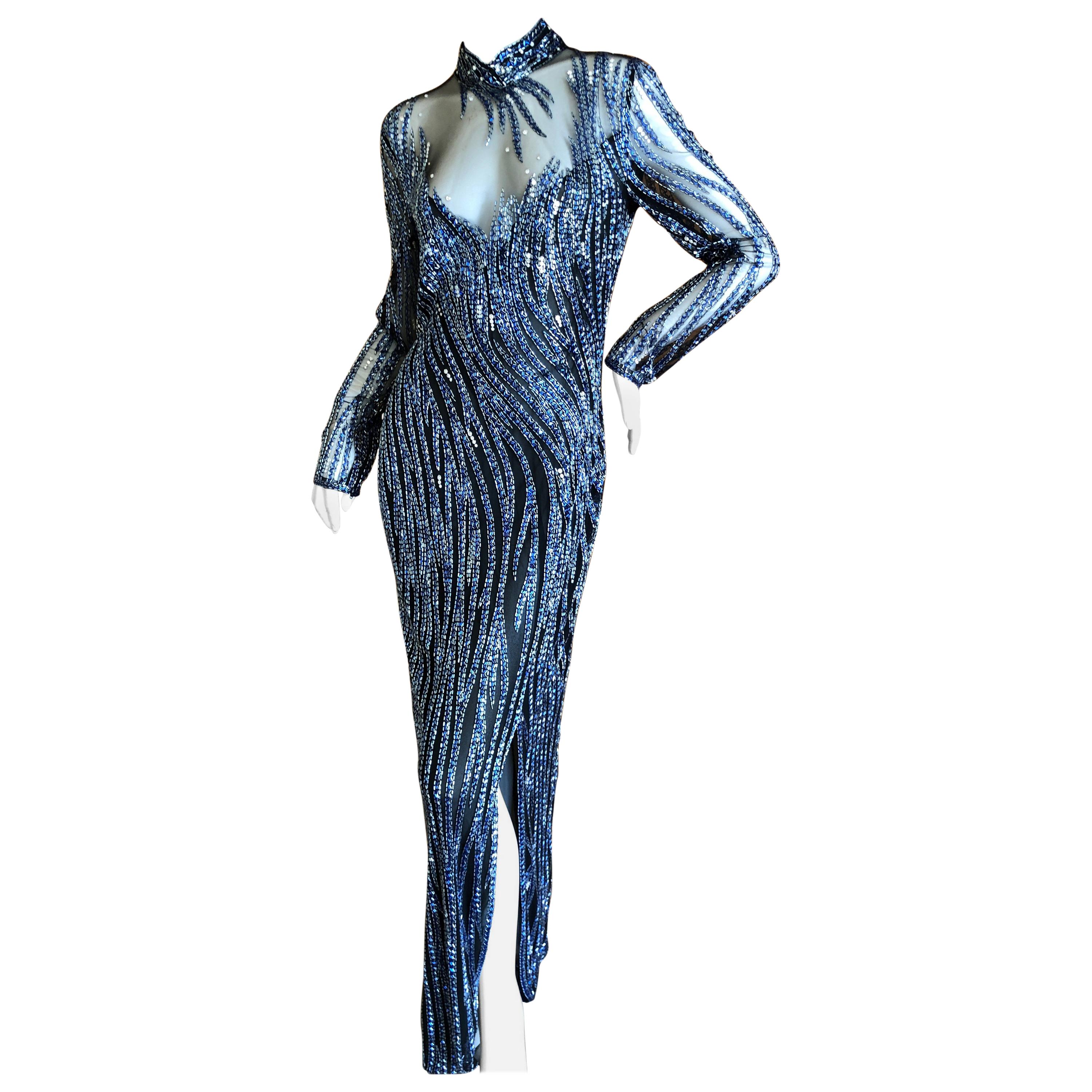 Bob Mackie Outstanding Vintage Sheer Illusion Bugle Beaded Evening Dress For Sale