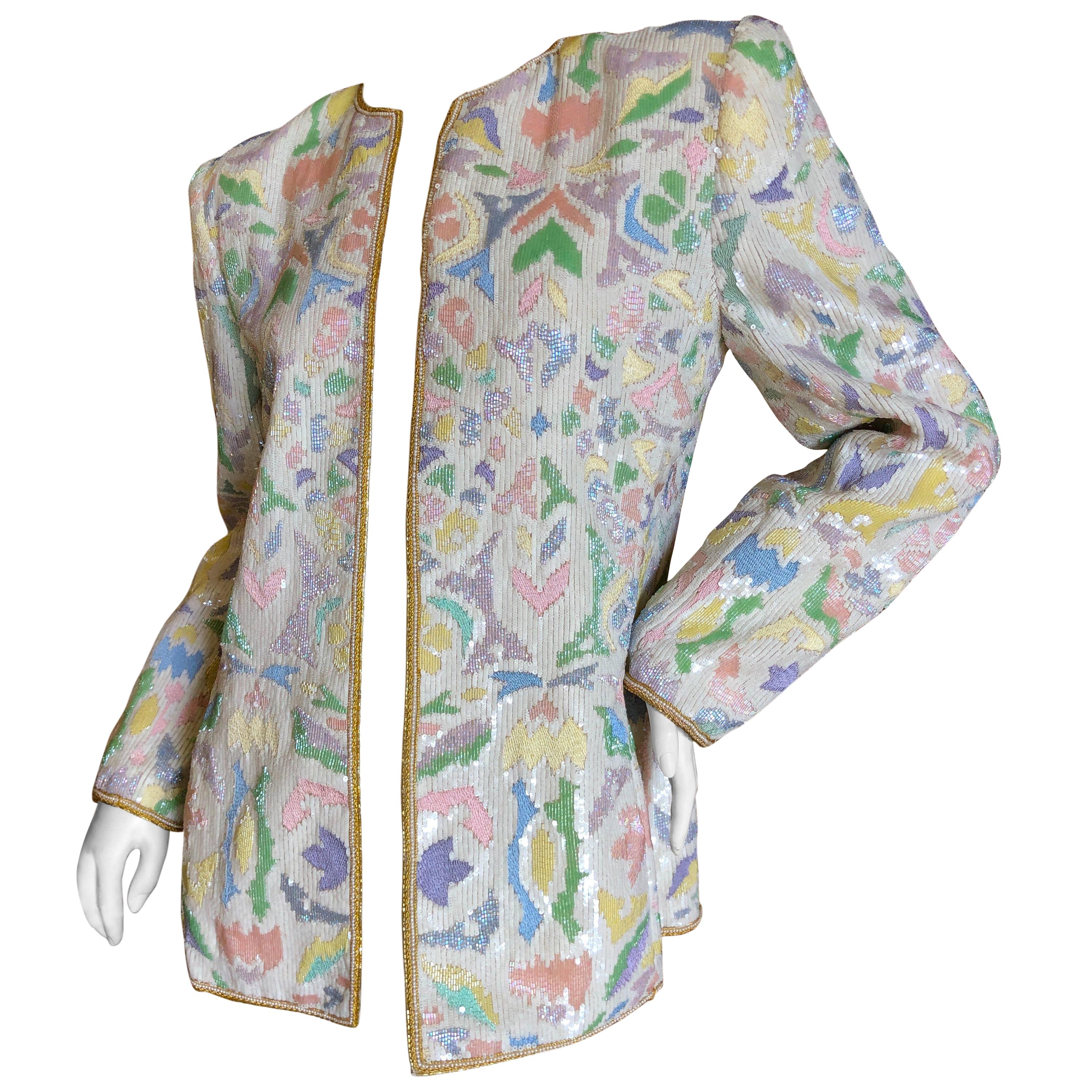 Oscar de la Renta 1980's Pastel Sequin and Pearl Embellished Evening Jacket Sz 6 For Sale