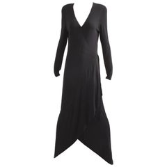 Jean Muir Black Jersey Dress with Plunging Neckline & Asymmetric Hem 