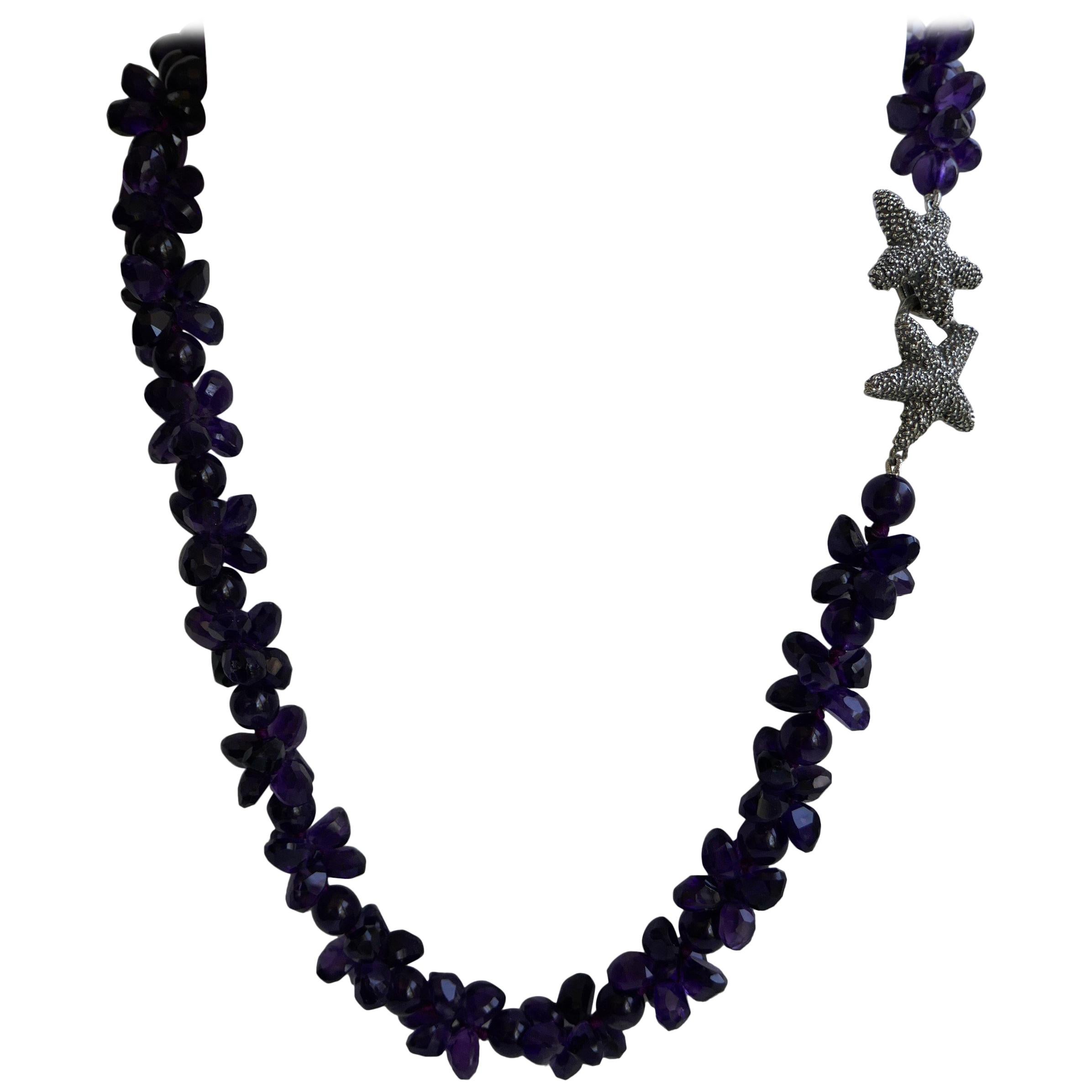 Amethyst Exclusive Oxidized Silver Starfish Clasp Gemstome Necklace For Sale