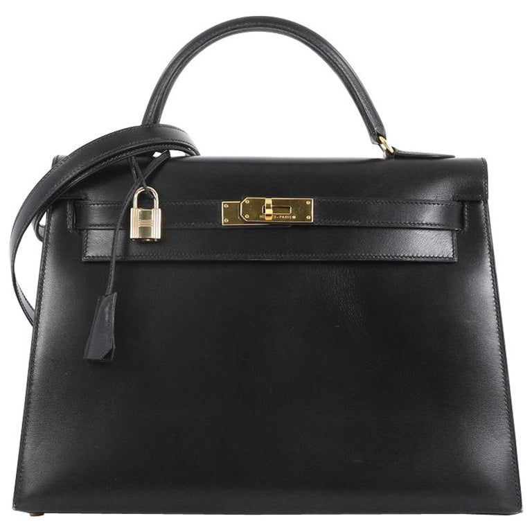 Hermes Kelly Handbag Noir Box Calf with Gold Hardware 32 at 1stDibs