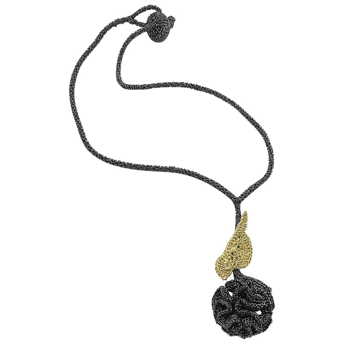 Black Thread Gold Bird Contemporary Crochet Handmade Fashion Jewelry Necklace For Sale
