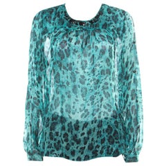 Blumarine Blue and Black Animal Printed Silk Embellished Neck Blouse M