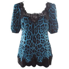 Dolce and Gabbana Blue Leopard Printed Silk Scalloped Lace Detail Blouse S