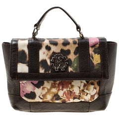 Roberto Cavalli Brown/Multicolor Leather and Printed Fabric Top Handle Bag