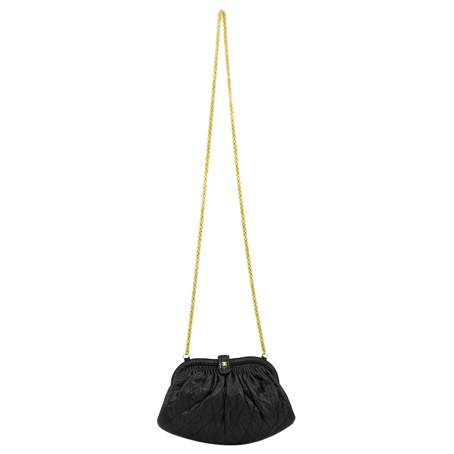 1980s Chanel Black Quilted Frame Evening Bag