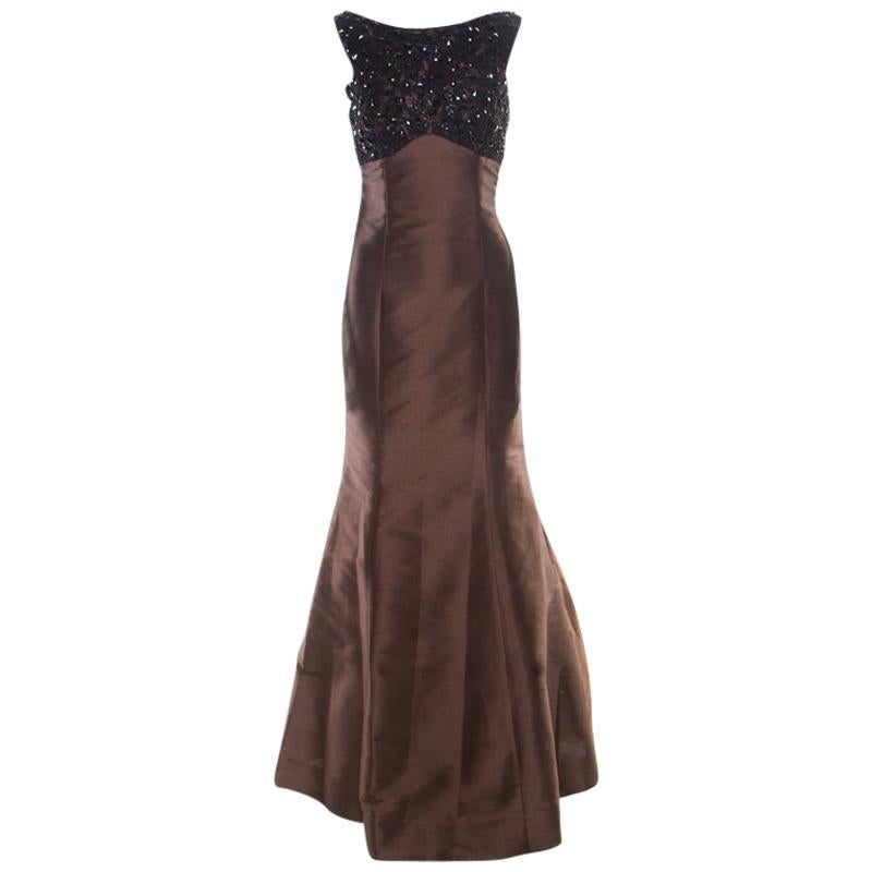 ML by Monique Lhuillier Espresso Brown Embellished Sleeveless Mermmaid Gown M