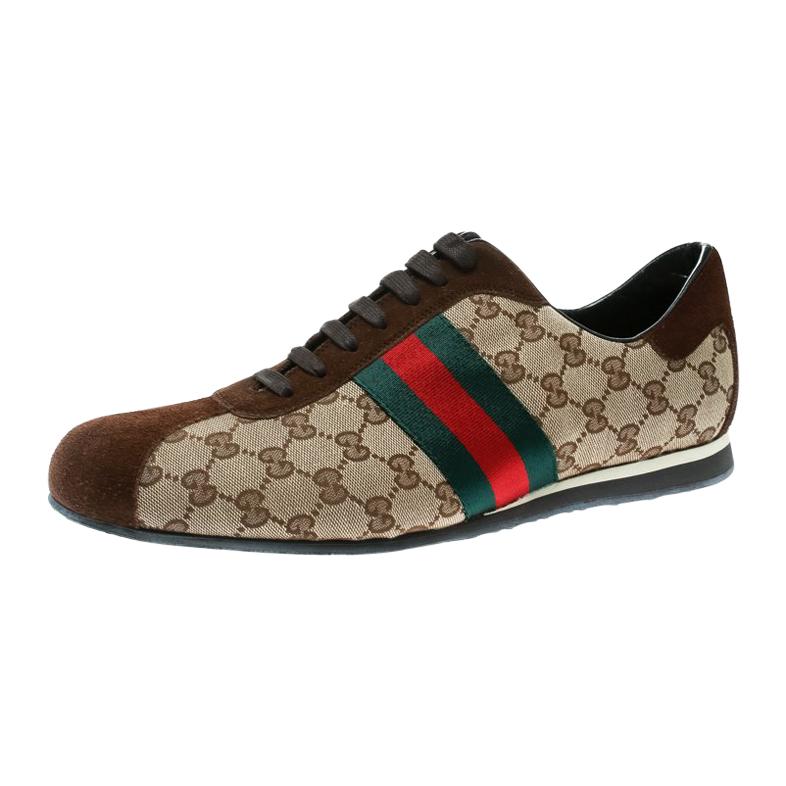 Gucci Beige Canvas and Suede Guccisima Web Detail Sneakers Size 46.5