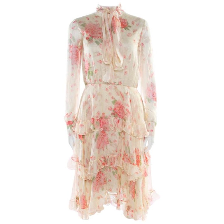 Valentino Pale Yellow Rose Printed Silk Tie Up Detail Tiered Dress S ...