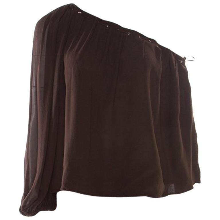 Gucci Brown Silk One Shoulder Eyelet Detail Top M For Sale at 1stDibs