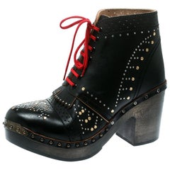 Burberry Black Studded Leather Antrim Fringe Detail Block Heel Clog Ankle Boots 