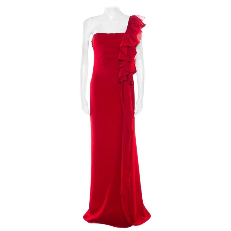 Valentino Red Ruffle Detail One Shoulder Gown M