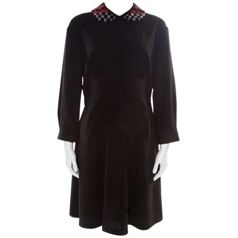 Miu Miu Black Crepe Embellished Collar Detail Long Sleeve Dress S