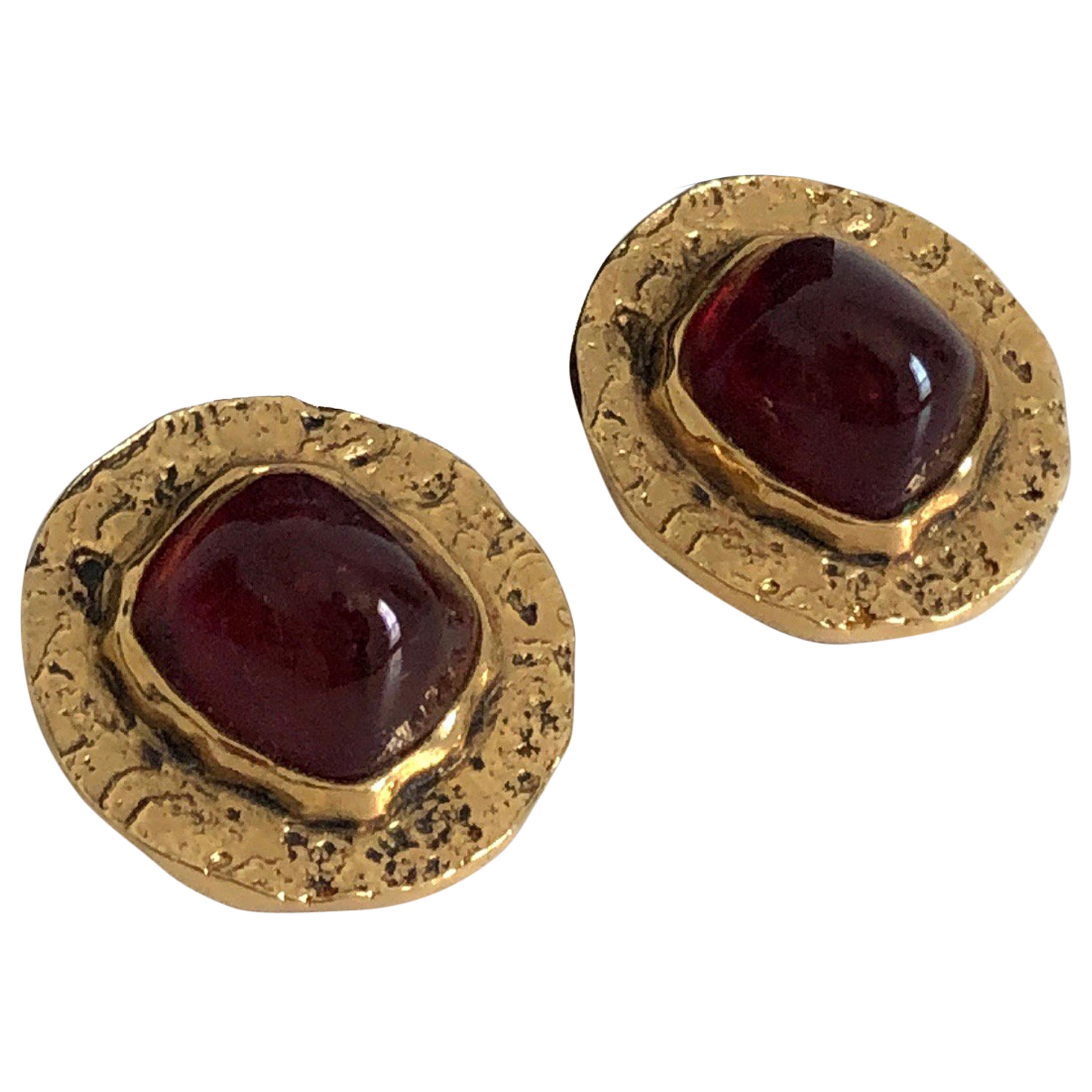 Chanel Red Glass Earrings with Textured Gold Setting Goossens Vintage 70s 