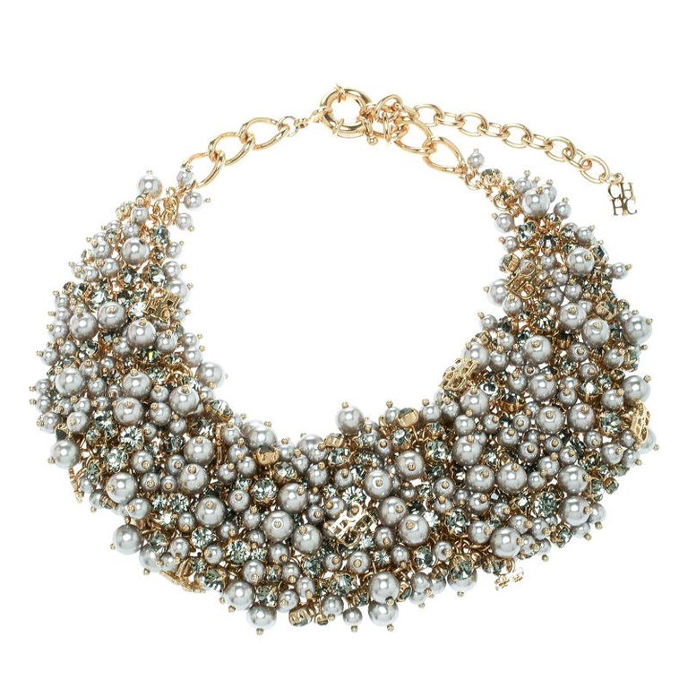 CH Carolina Herrera Grey Faux Pearl and Crystal Gold Tone Statement Necklace  For Sale at 1stDibs | carolina herrera pearl necklace