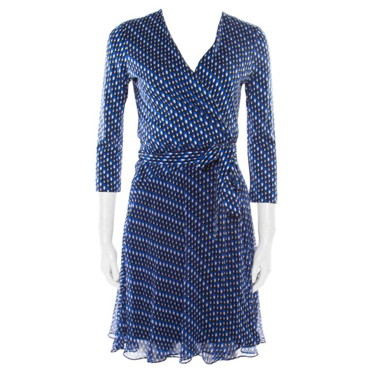 Diane Von Furstenberg Blue Printed Silk Irina Wrap Dress S For Sale at ...
