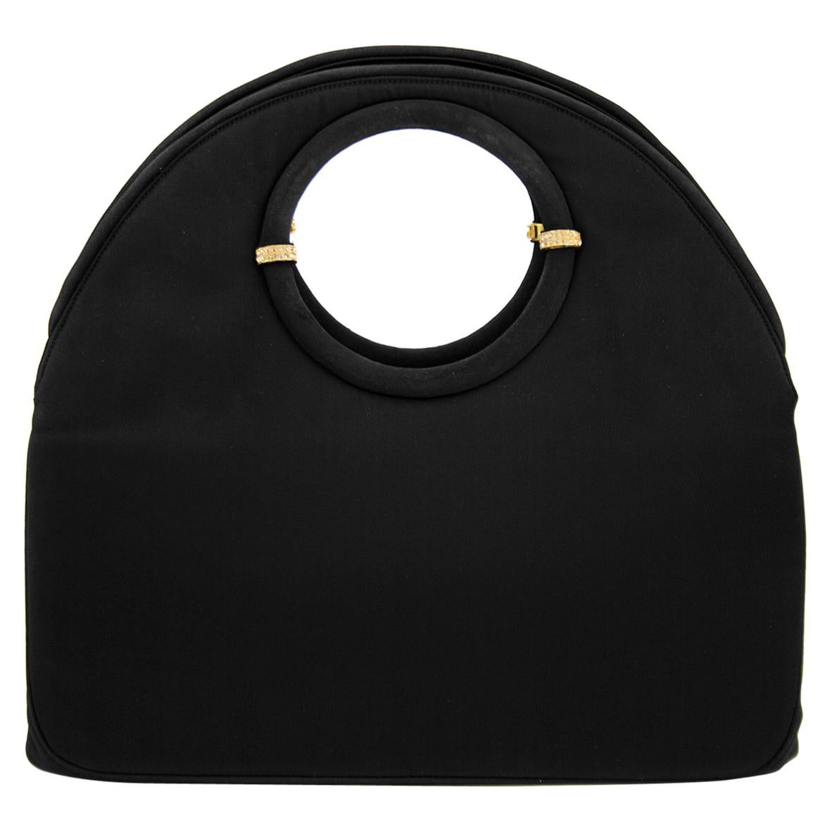 Late 1950s Rosenfeld Black Satin Circle Handle Evening Bag For Sale