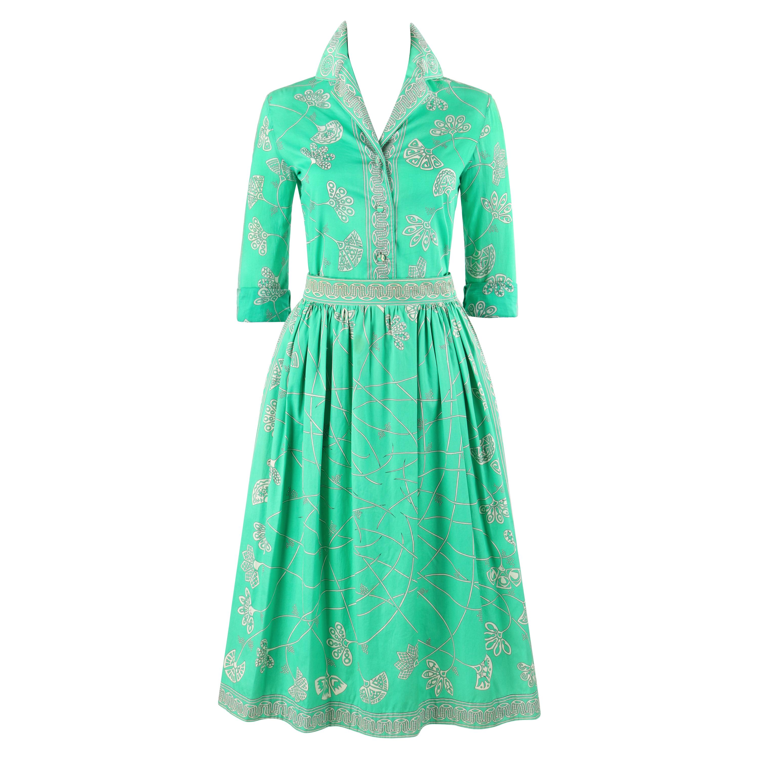 EMILIO PUCCI c.1976 "Chad" Print 2 Pc Green Cotton Shirt Skirt Dress Set  For Sale