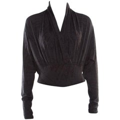 Hermes Grey Printed Silk Jersey Plunge Neck Bodysuit M