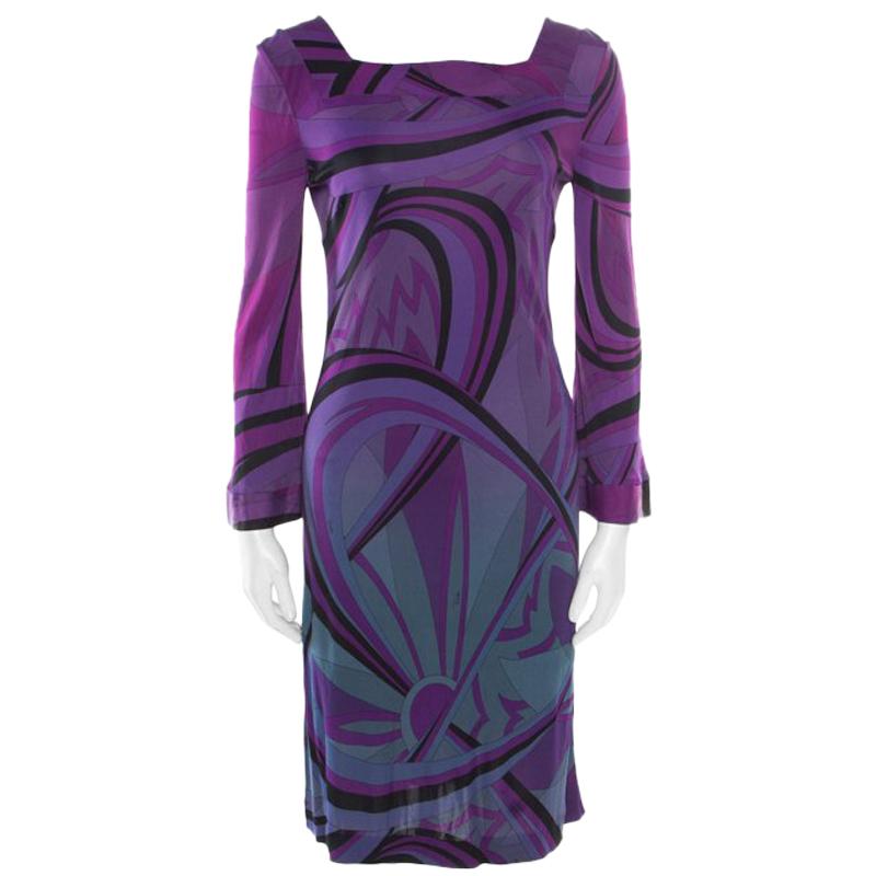 Emilio Pucci Purple Printed Jersey Square Neck Long Sleeve Dress M