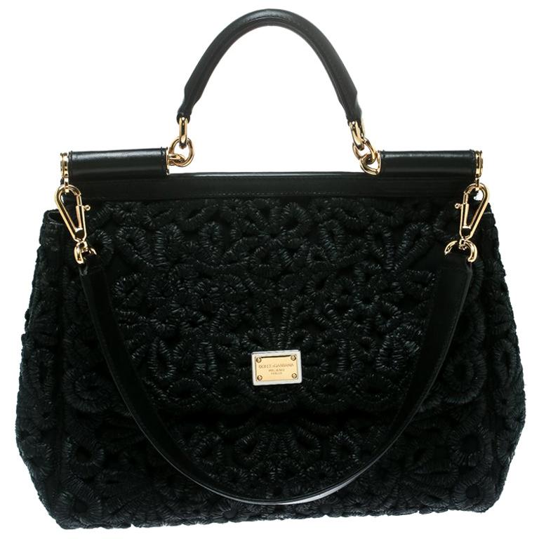 Dolce and Gabbana Black Crochet Raffia Large Miss Sicily Top Handle Bag