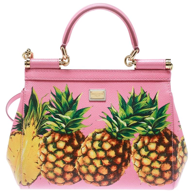 Dolce and Gabbana Pink Pineapple Print Leather Small Miss Sicily Top Handle Bag