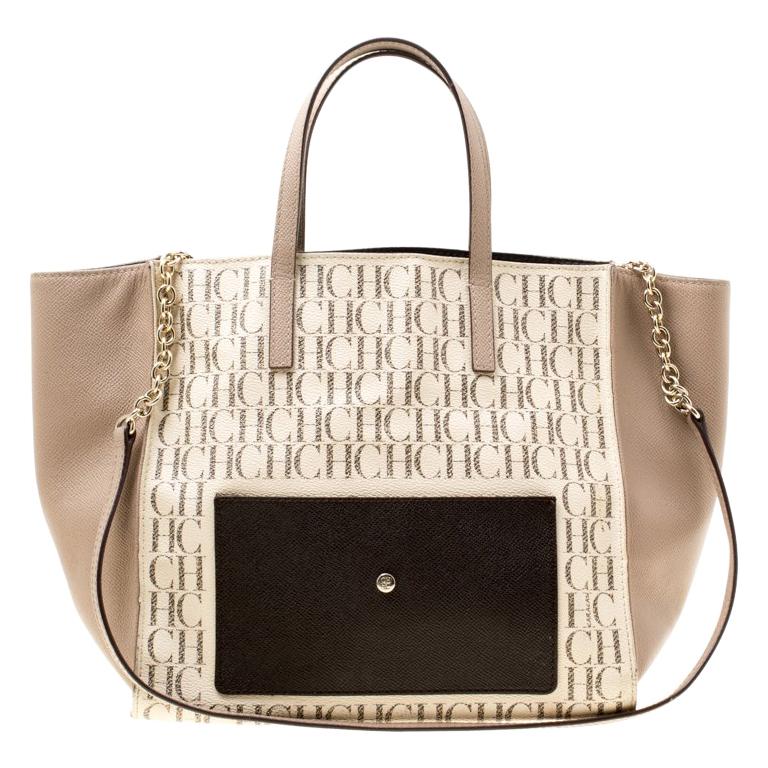 Carolina Herrera Beige/Off White Monogram Canvas and Leather Shopper Tote