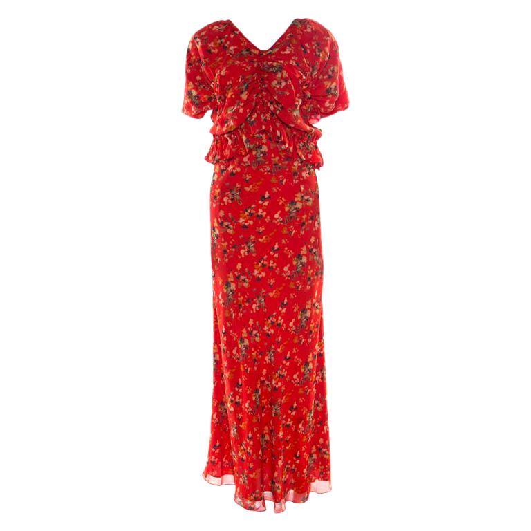 Dior Red Printed Gathered Ruffle Detail Maxi Dress S
