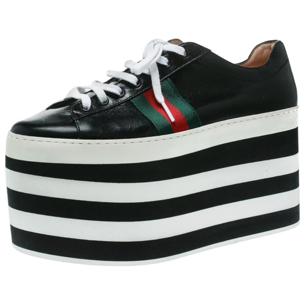 Gucci Black Leather Peggy Web Detail Platform Sneakers Size 39 For Sale ...