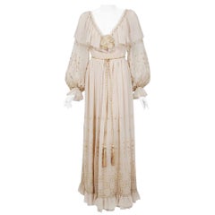 Used 1970 Guy Laroche Couture Embroidered Silk Billow Sleeve Low Plunge Gown