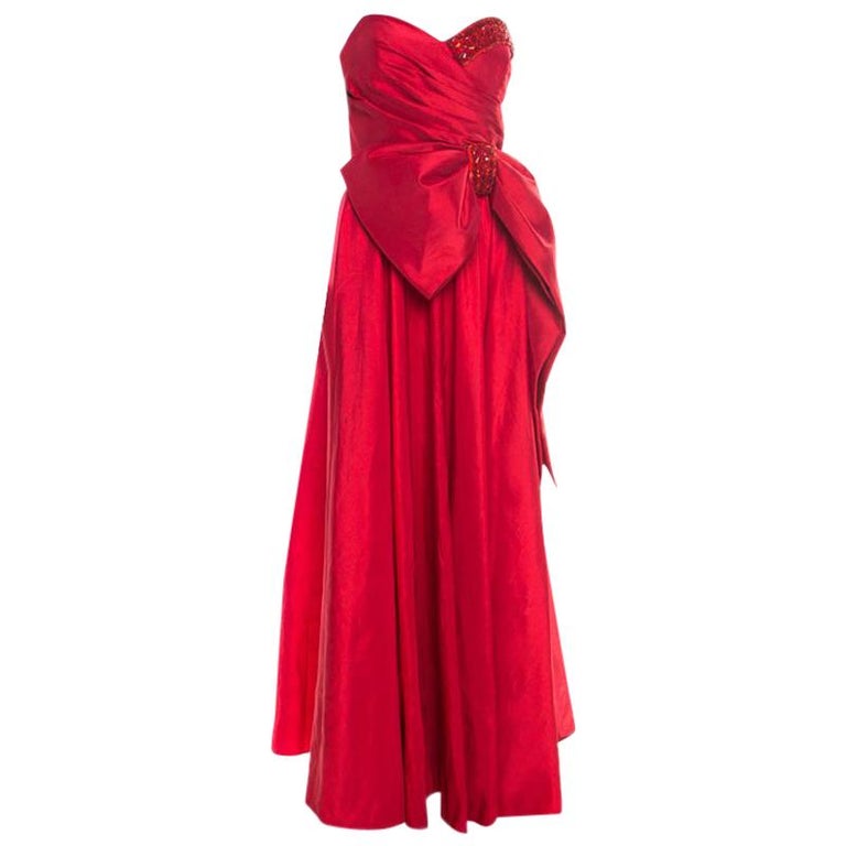 Marchesa Notte Red Embellished Trim Bow detail Strapless Gown M at 1stDibs