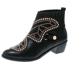 Sophia Webster Black Leather Karina Butterfly Studded Ankle Boots Size 37.5