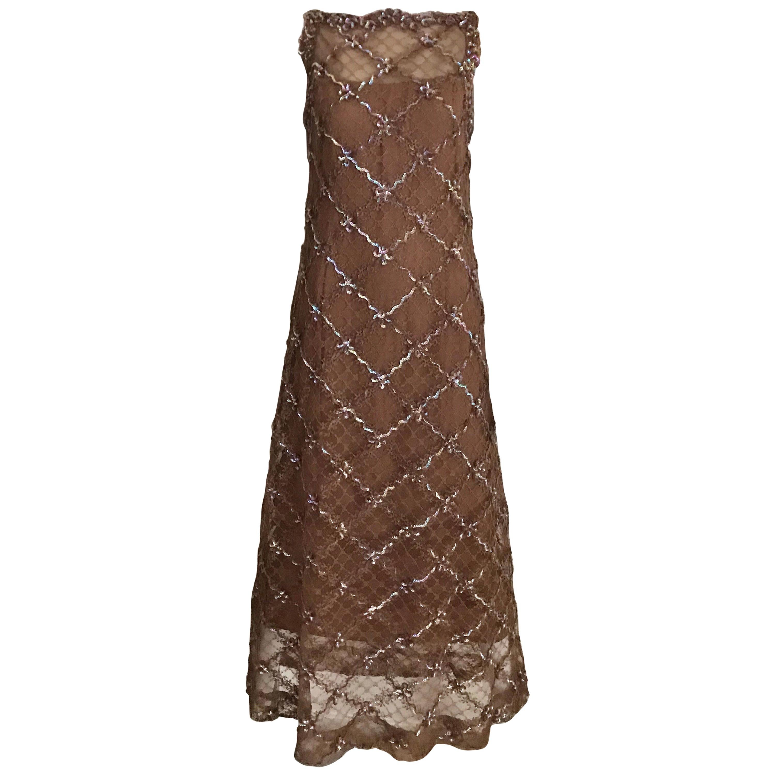 Vintage Malcolm Starr Mocha Brown Lace Maxi Cocktail Dress For Sale