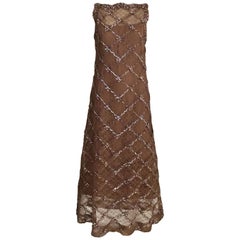 Vintage Malcolm Starr Mocha Brown Lace Maxi Cocktail Dress