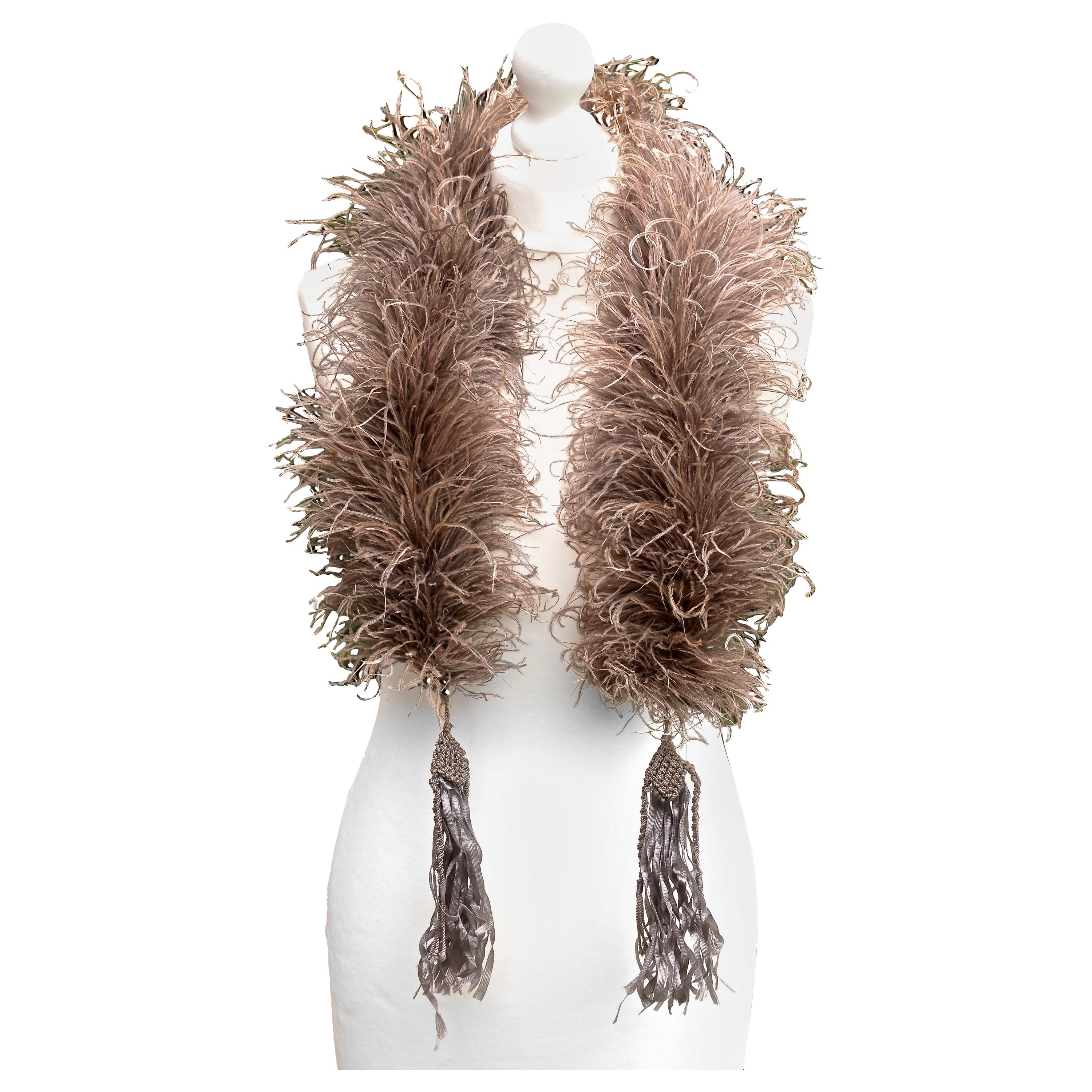 Art Deco 1920s 1930s Cocoa Brown Ostrich Feather Boa with Grey Tassels, Paris 