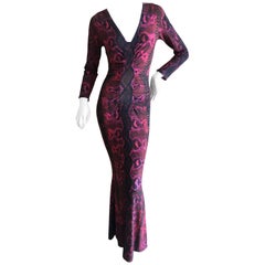 Roberto Cavalli Body Hugging Red Snakeskin Print Long Evening Dress