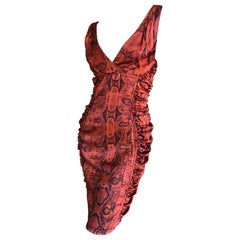 Roberto Cavalli Body Hugging Red Snakeskin Low Cut Silk Cocktail Dress