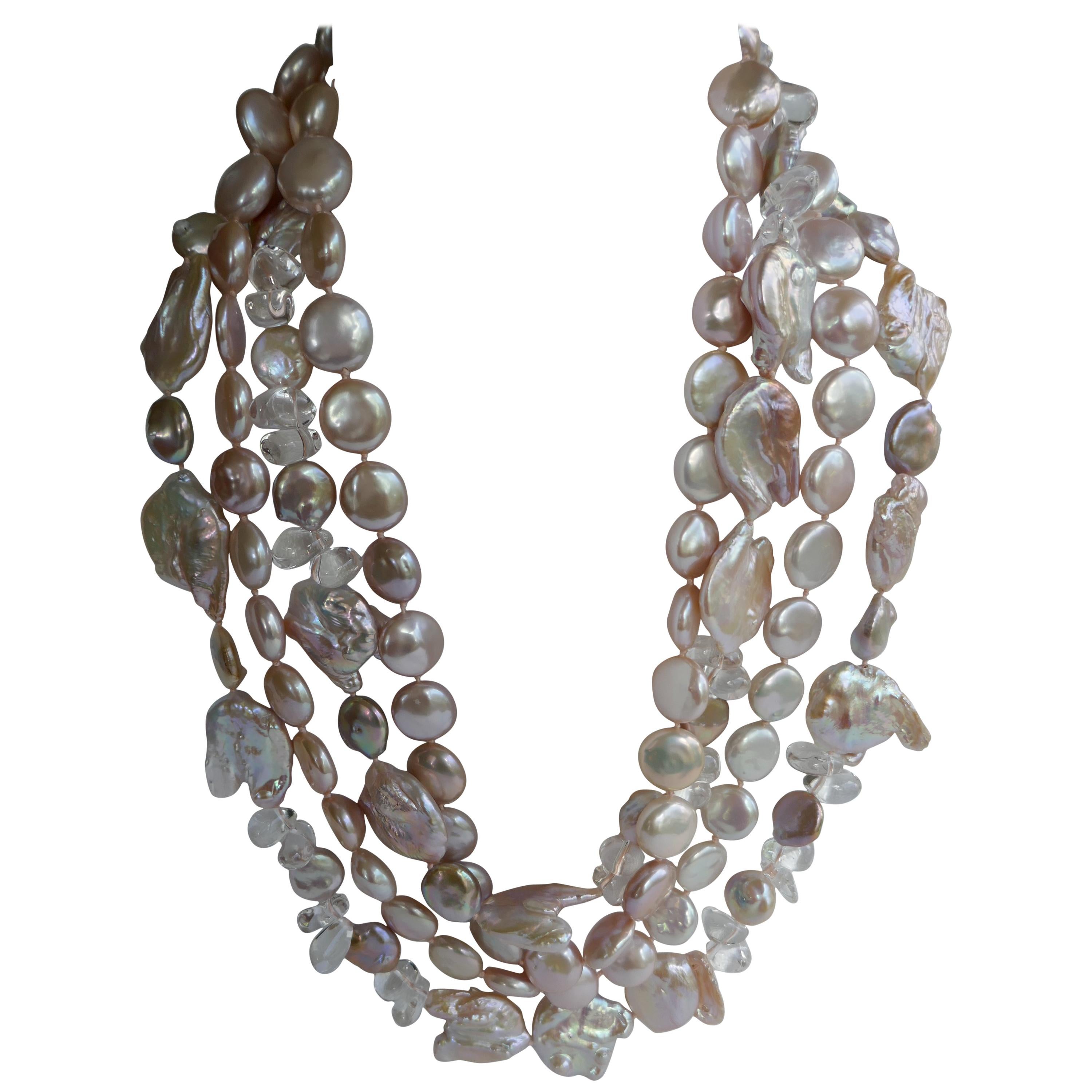 Natural Tones Keshi Cultured Pearls Rock Crystal 925 Sterling Silver Necklace For Sale