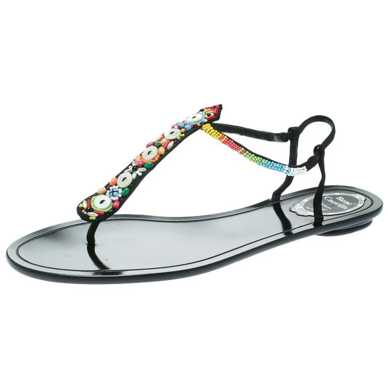 René Caovilla Black Satin Beads Embellished Flat Thong Sandals Size 41