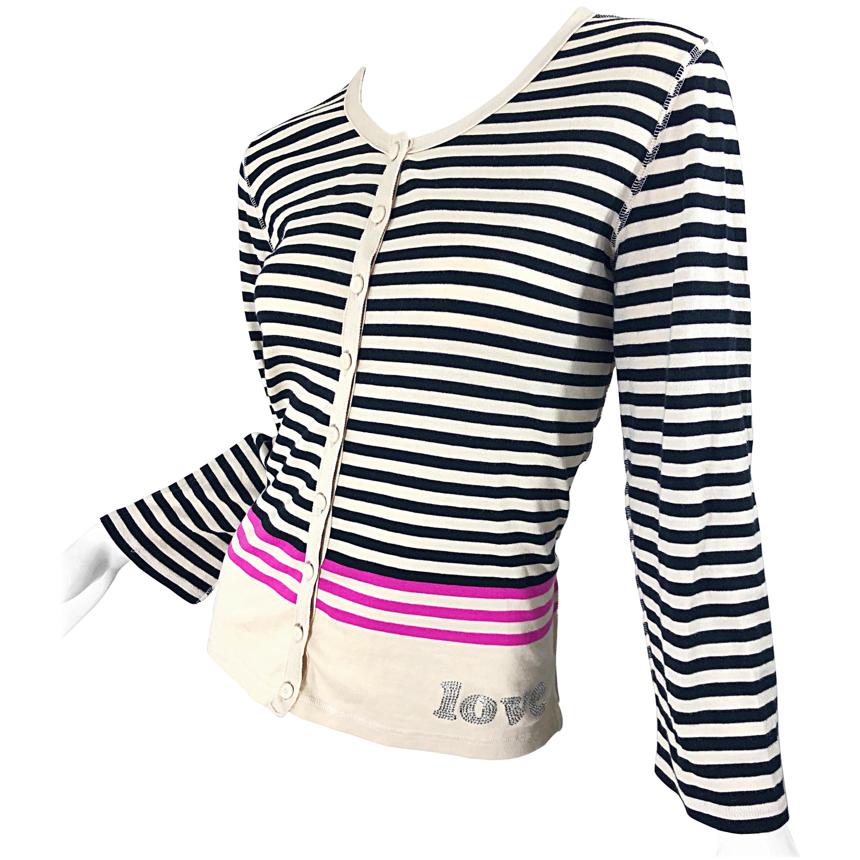 Vintage Sonia Rykiel Sweater Top Size Small to Medium 80s Designer Mock Neck Long Sleeve Velour Rugby Stripe Sweatshirt